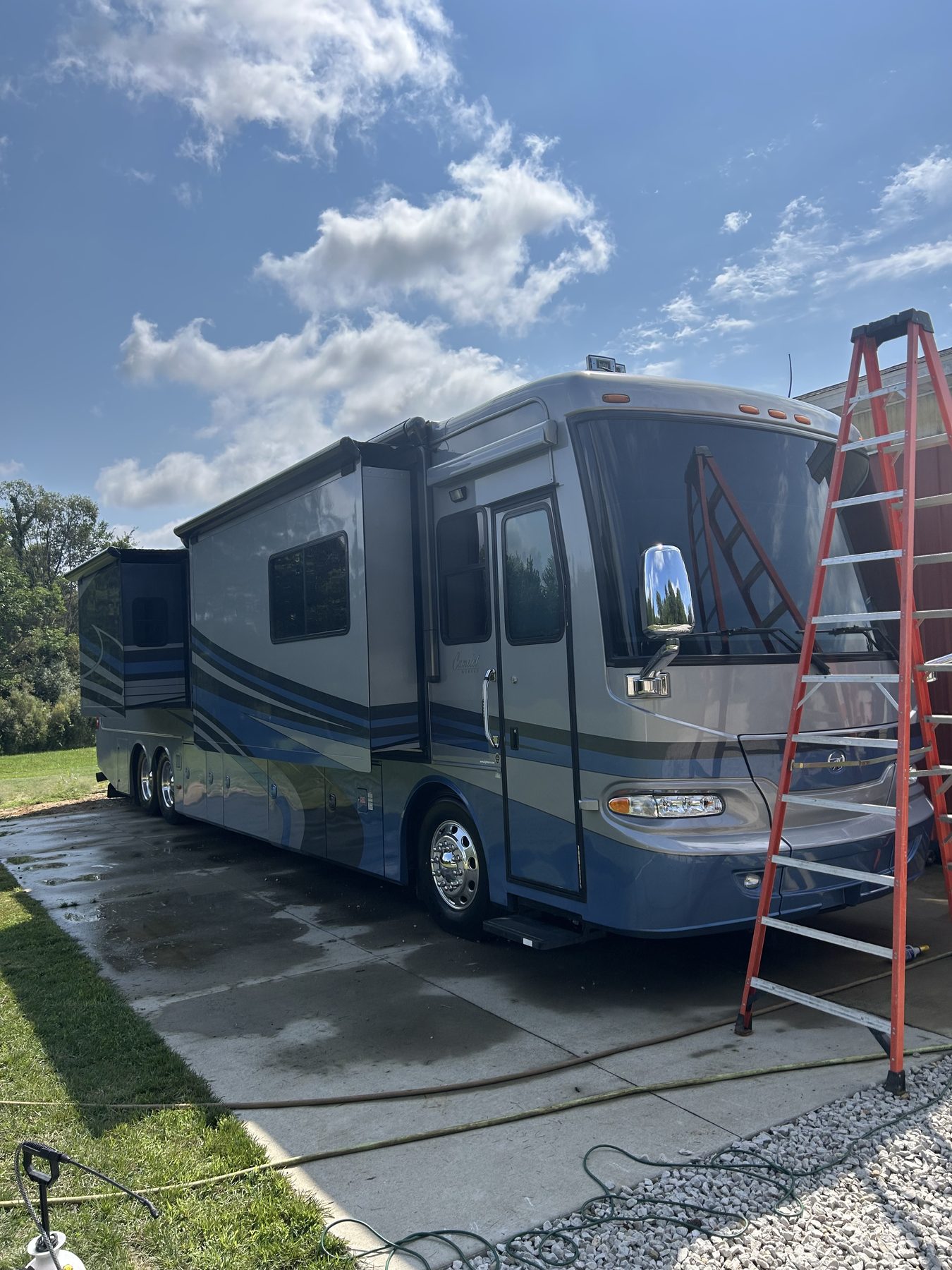 Monaco Camelot Class A motorhome - Front three-quarter view after full RV detail
