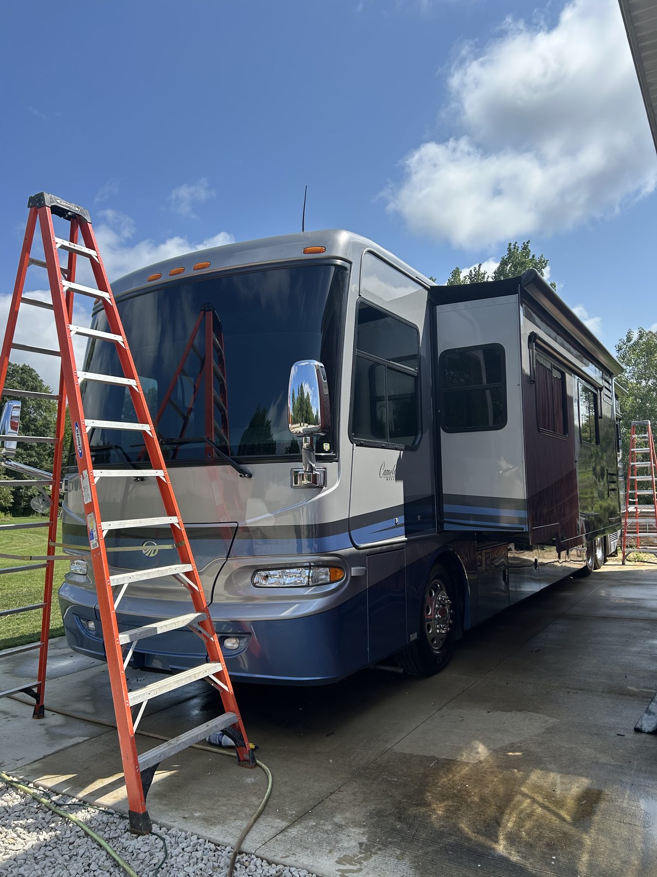 Monaco Camelot Class A motorhome - Front view with slide-out after detailing